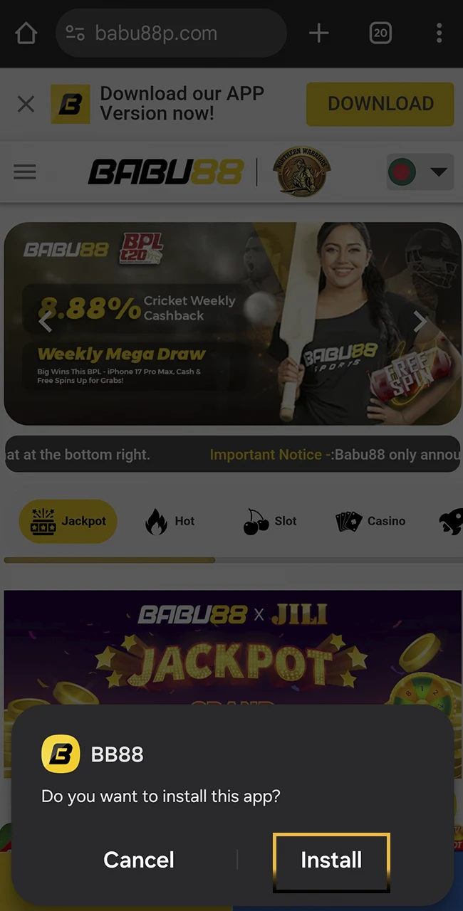 Complete your app installation process on the official Babu88 website.