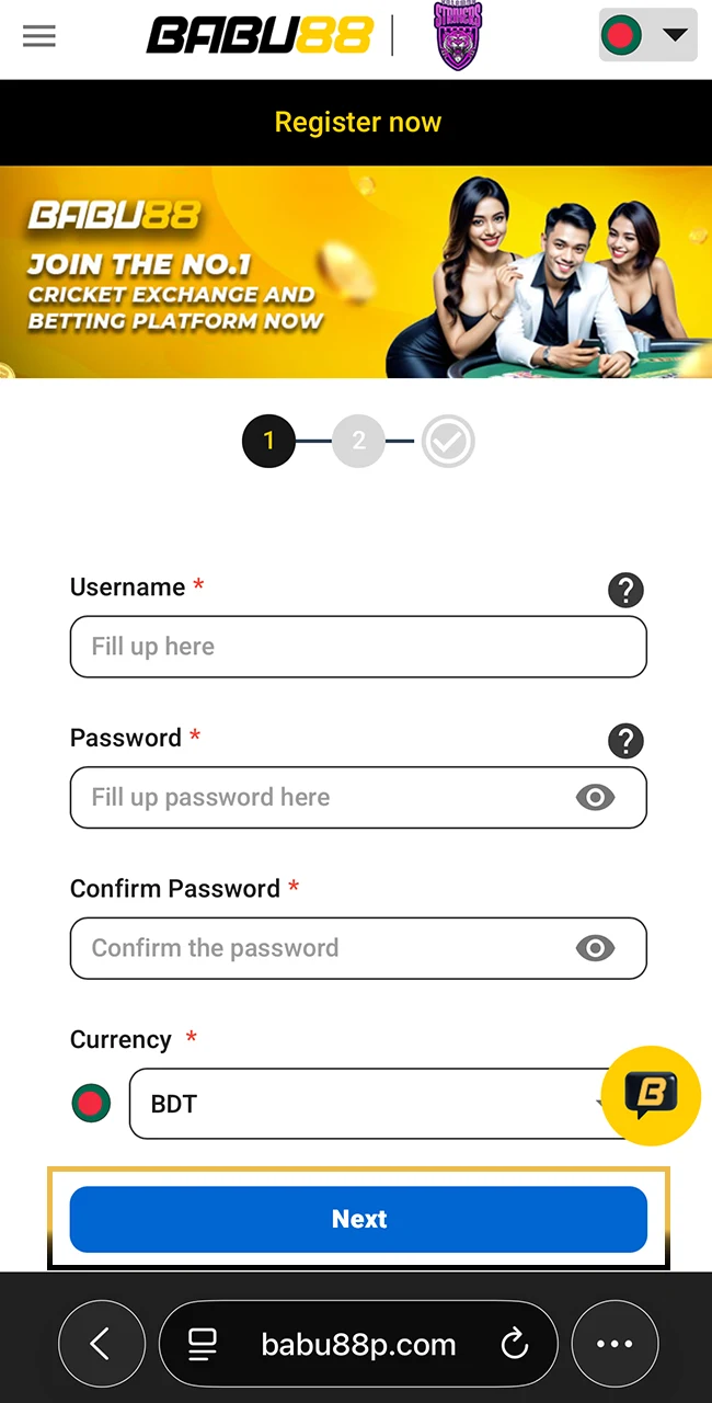 Register your new player profile on the official Babu88 website.