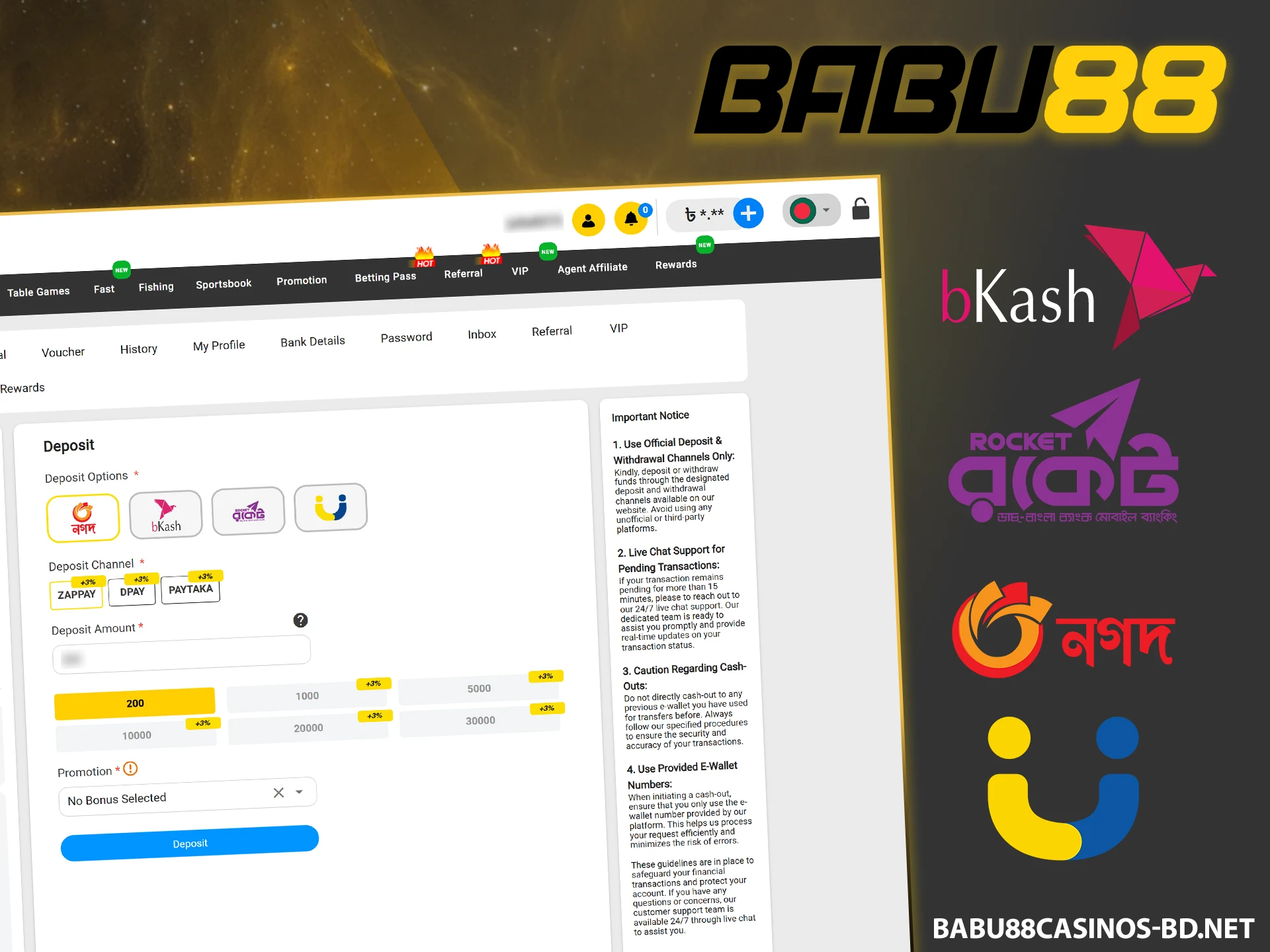 Add funds to your balance on the official Babu88 website right now.