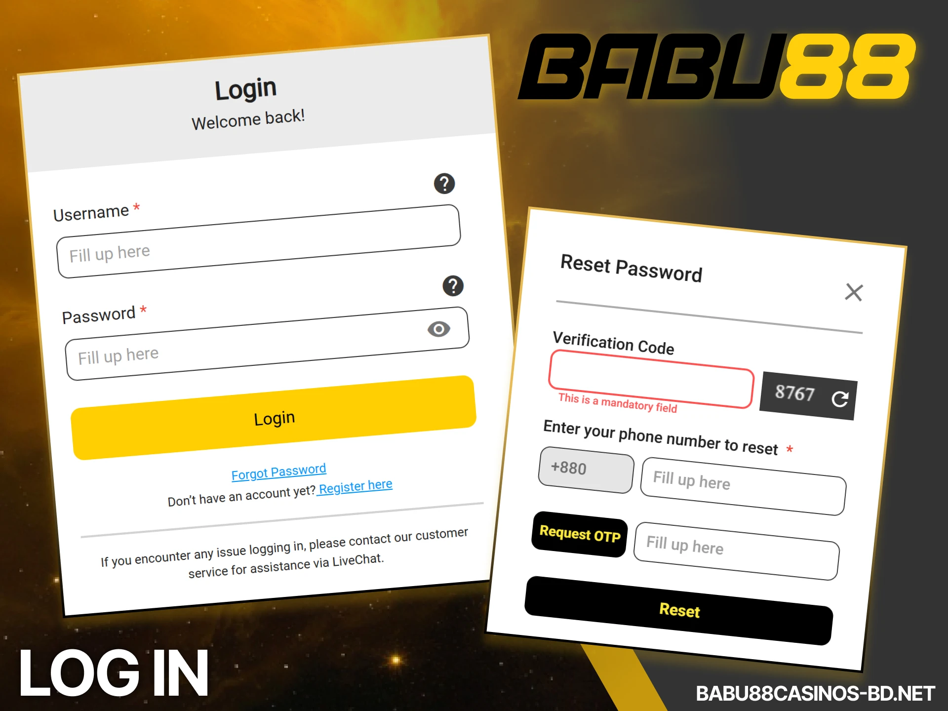 Log in to Babu88 quickly and safely using your registered credentials.
