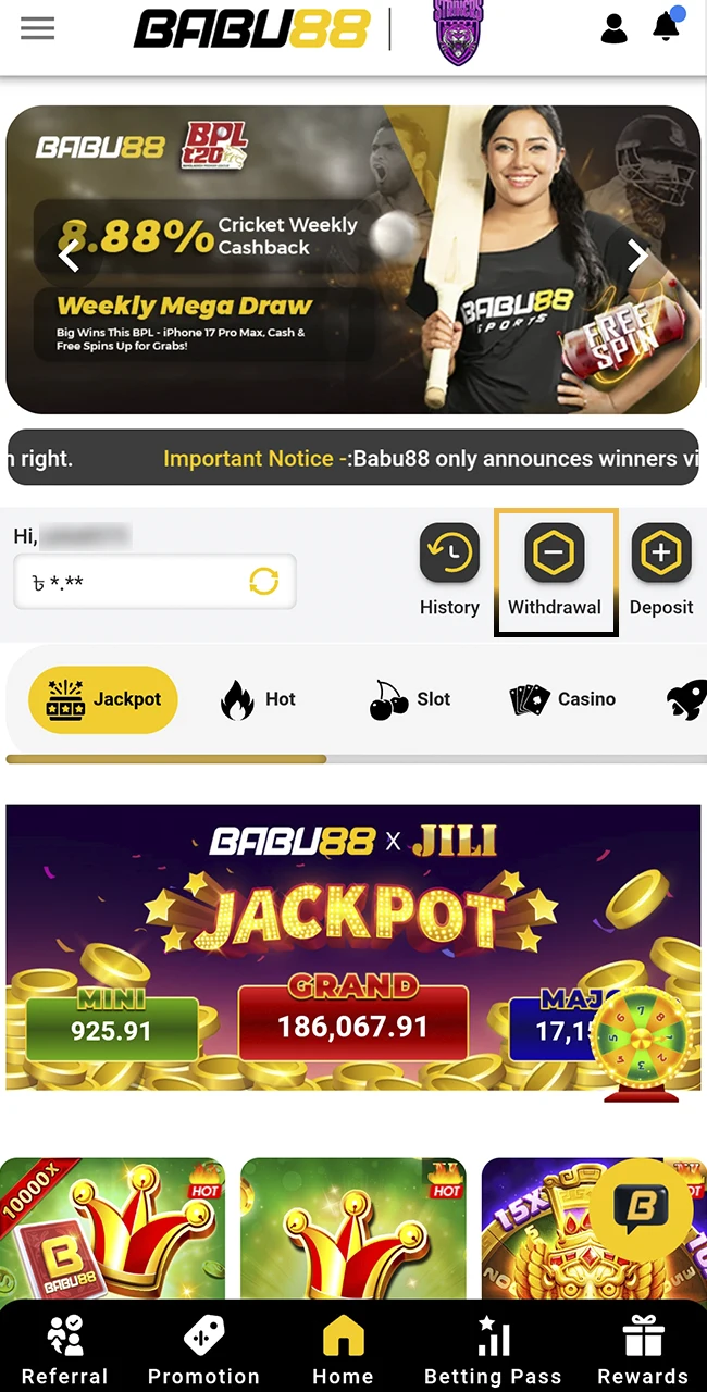 Access the withdrawal tab on the official Babu88 website now.