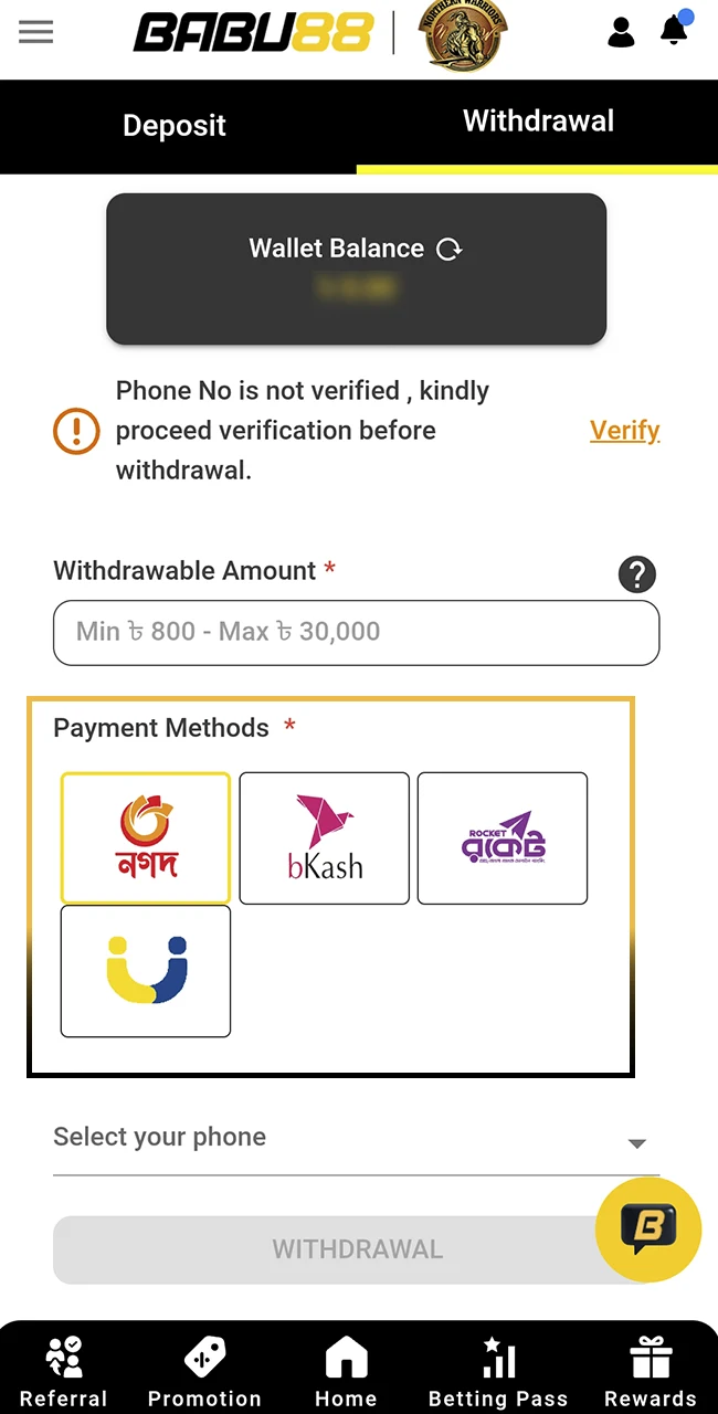 Pick your preferred payout method on the official Babu88 website.