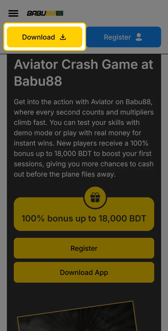 Button for the official Babu88 APK download for Bangladeshi users.