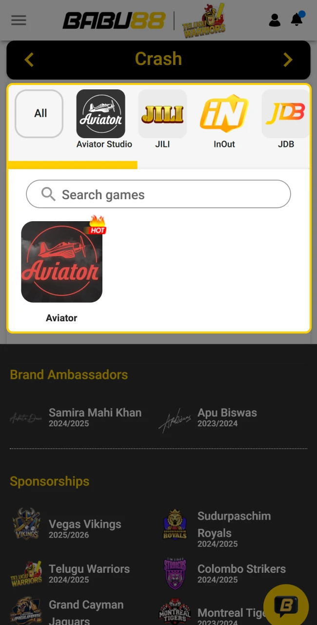 Locating the popular airplane crash game within the Babu88 menu.