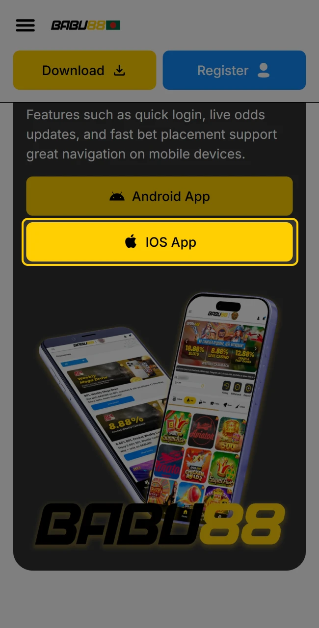 Loading the official Babu88 mobile site through the Safari browser.