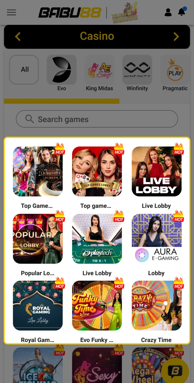 Choosing a specific live casino table based on betting limits.