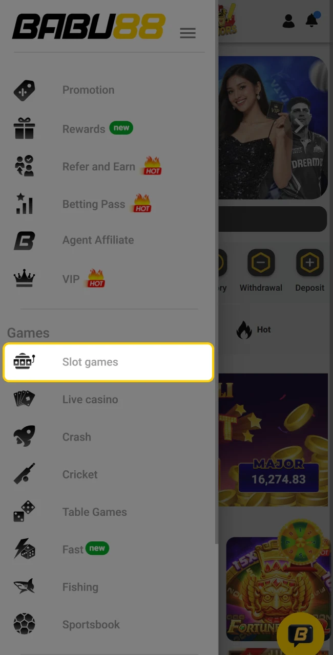 Menu selection for the video slots and classic pokie category at Babu88.